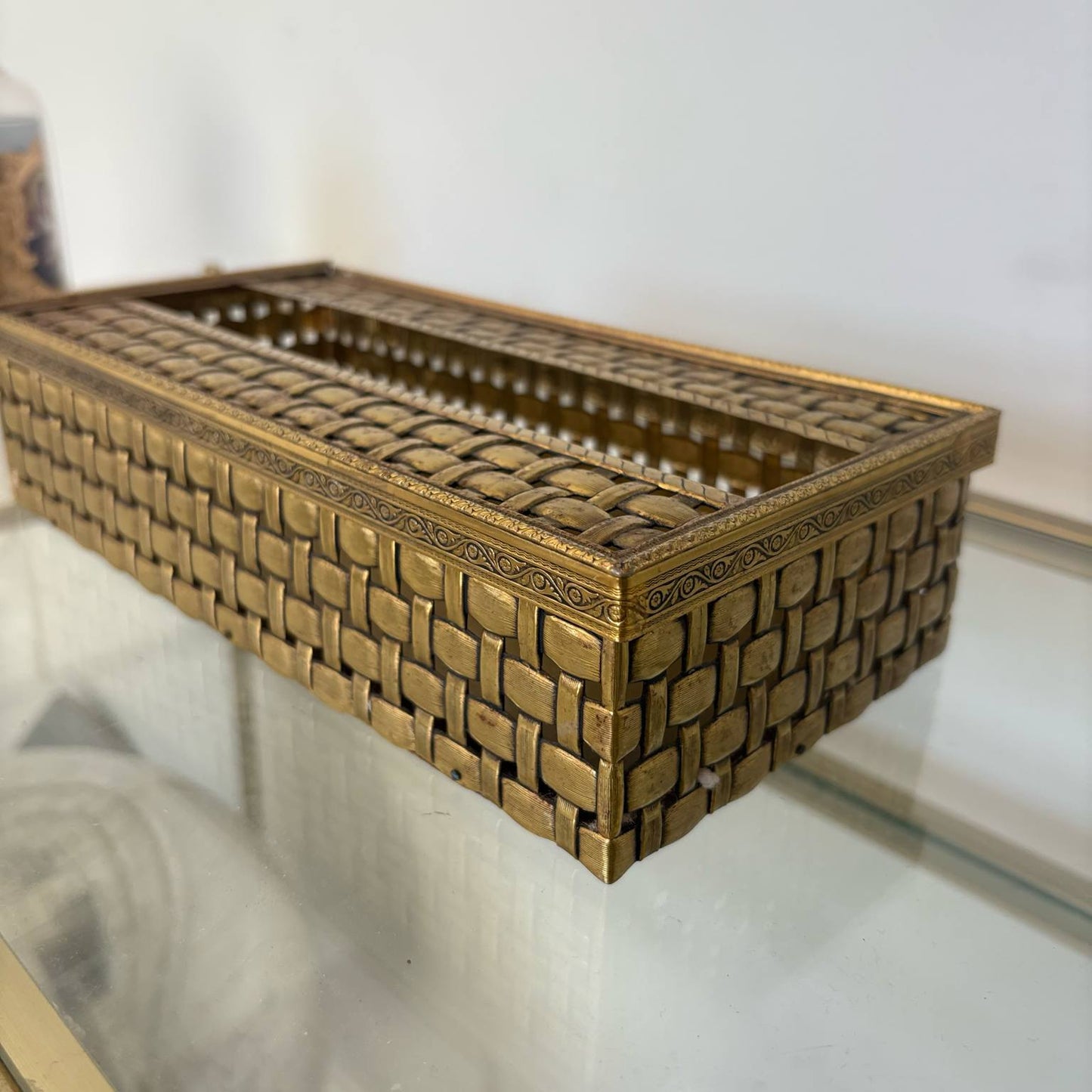 Vintage Brass Basket Weave Tissue Box | Hollywood Regency | MCM Haus of Bazar | Sydney