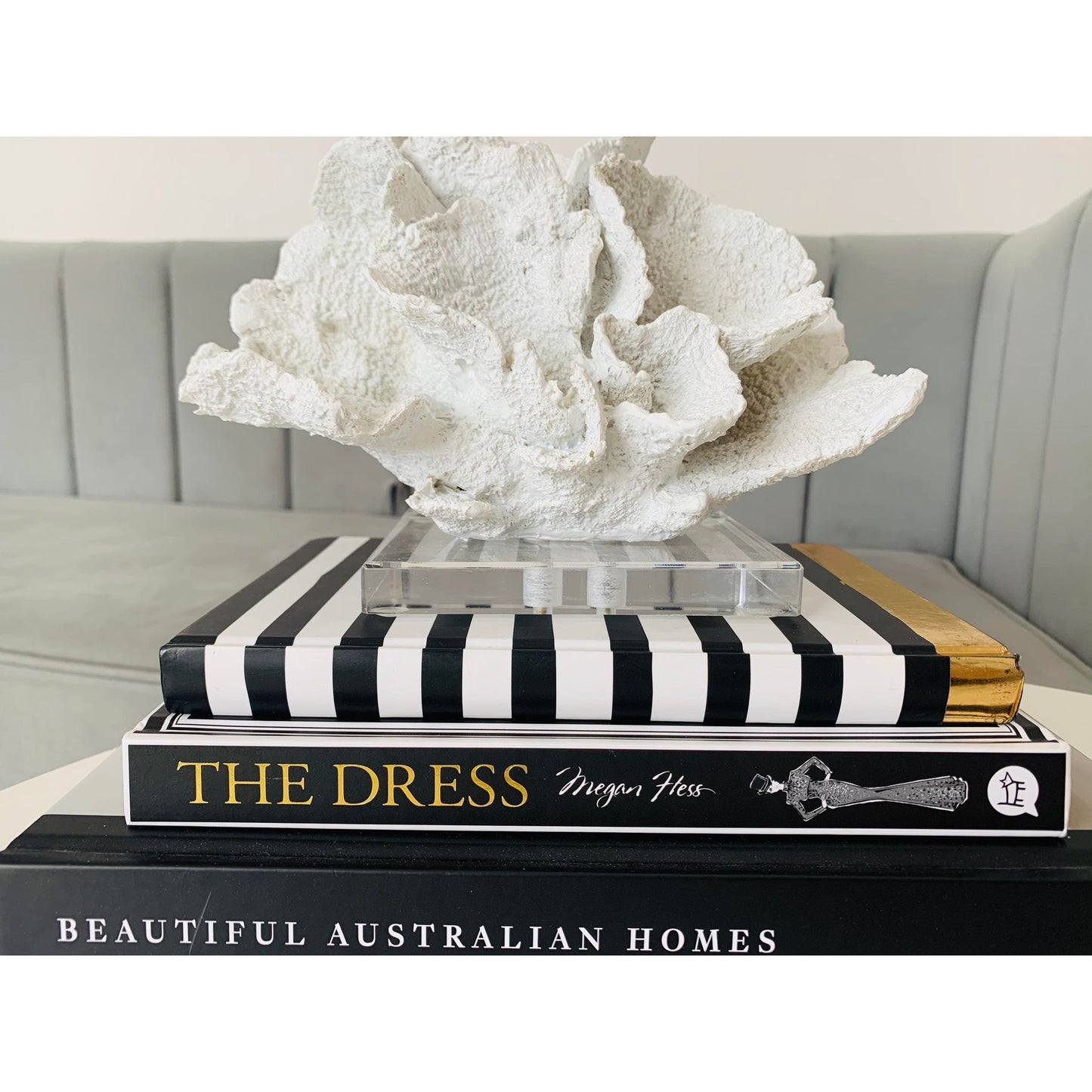 Society Home Coral Sculpture White | White Coral Sculpture | White Coastal Sculpture | White Coral Sculpture Styled With Books | Haus Of Bazar | Sydney