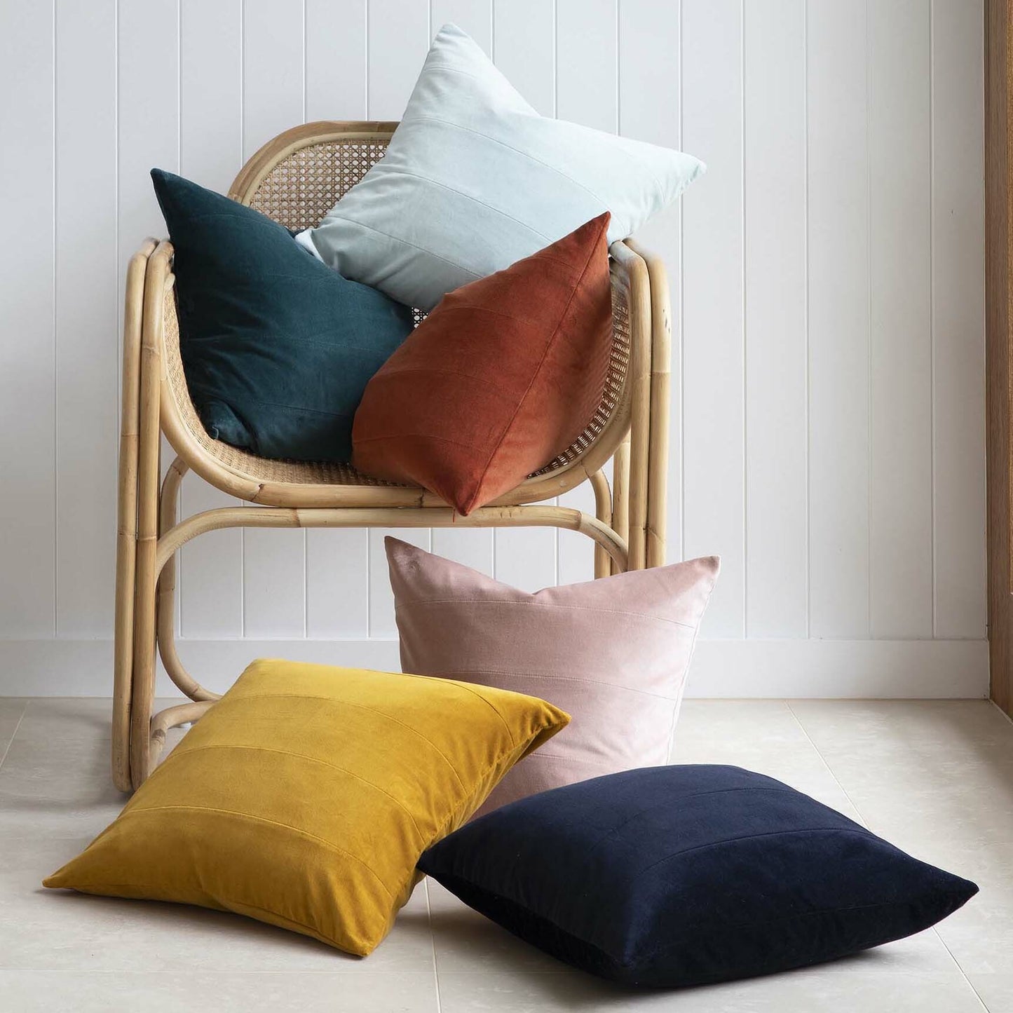 Zaab Homewares London Velvet Cushion Ochre | Square Velvet Ochre Cushion | Velvet Cushion With Duck Feathers | Panelled Velvet Cushion | Zaab Velvet Cushion Set | Haus Of Bazar | Sydney