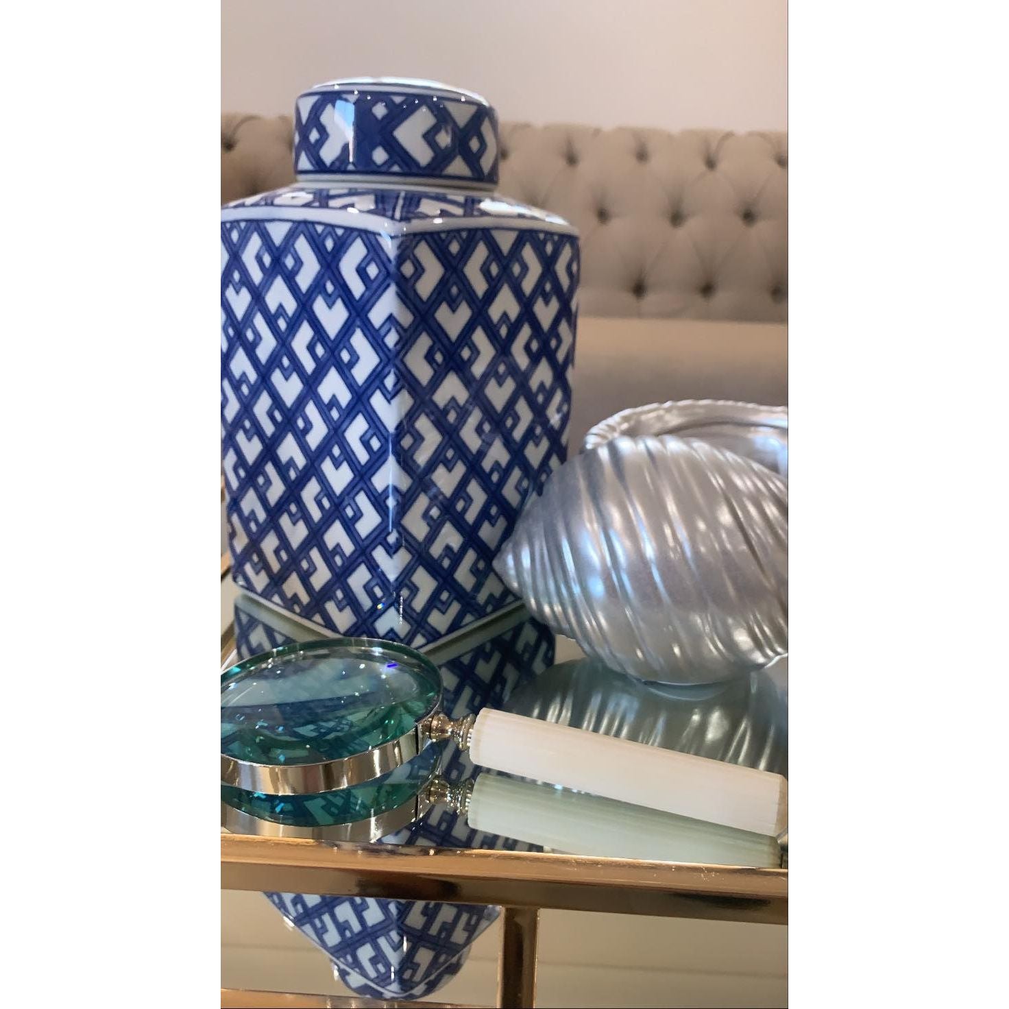 Society Home Eleanor Magnifying Glass Stripe | Magnifying Glass With Cream Handle | Magnifying Glass With Cream Striped Handle | Magnifying Glass Styled With Ceramic Jar And Shell  | Haus Of Bazar | Sydney