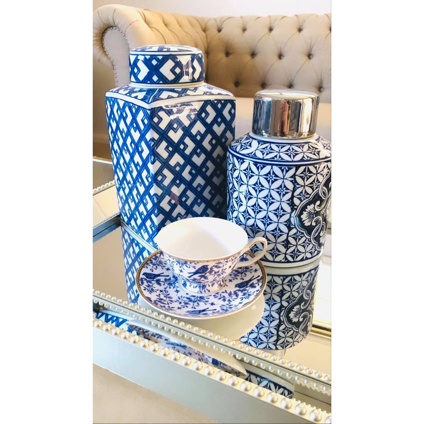 Blue And White Lattice Square Ceramic Jar | Blue And White Ceramic Square Jar | Blue And White Lattice Jar | Styled Blue And White Lattice Jar | Haus Of Bazar | Sydney