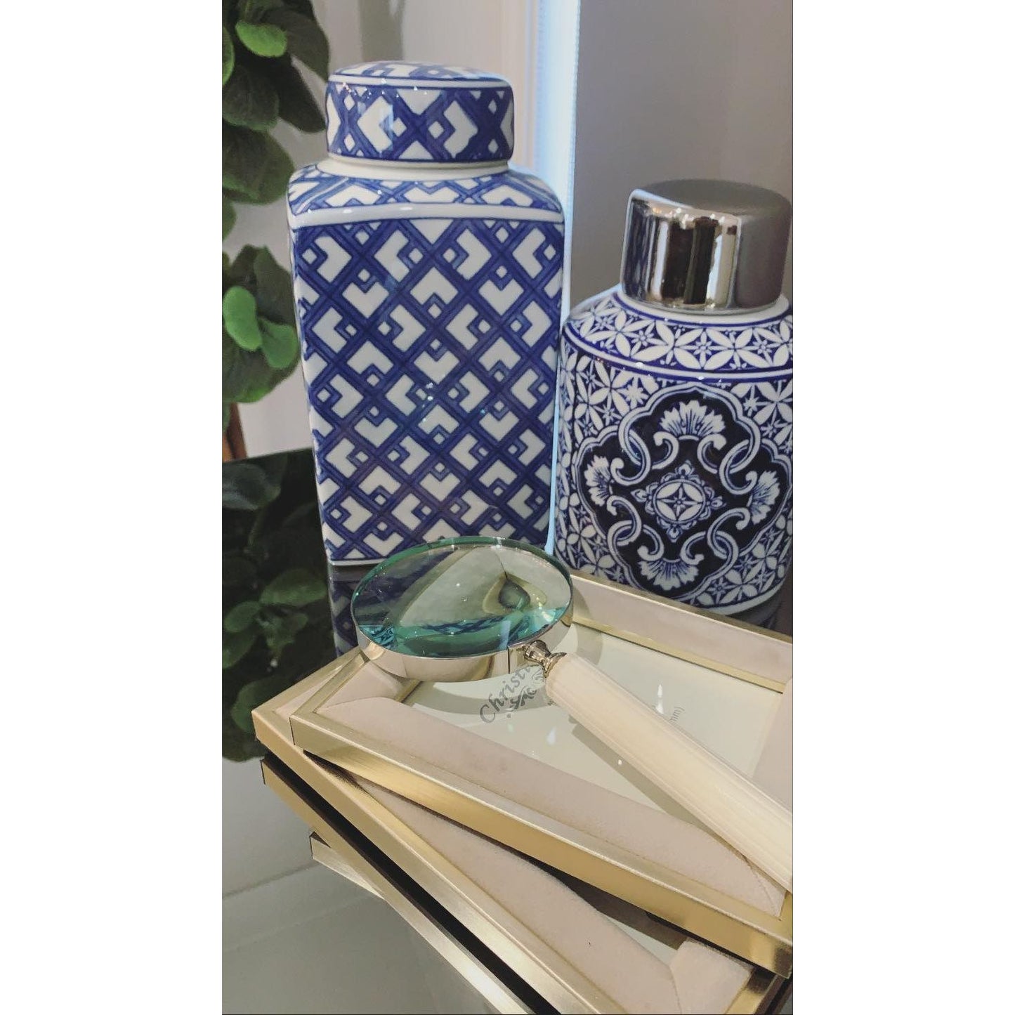 Blue And White Lattice Square Ceramic Jar | Blue And White Ceramic Square Jar | Blue And White Lattice Jar | Styled Blue And White Lattice Jar | Haus Of Bazar | Sydney
